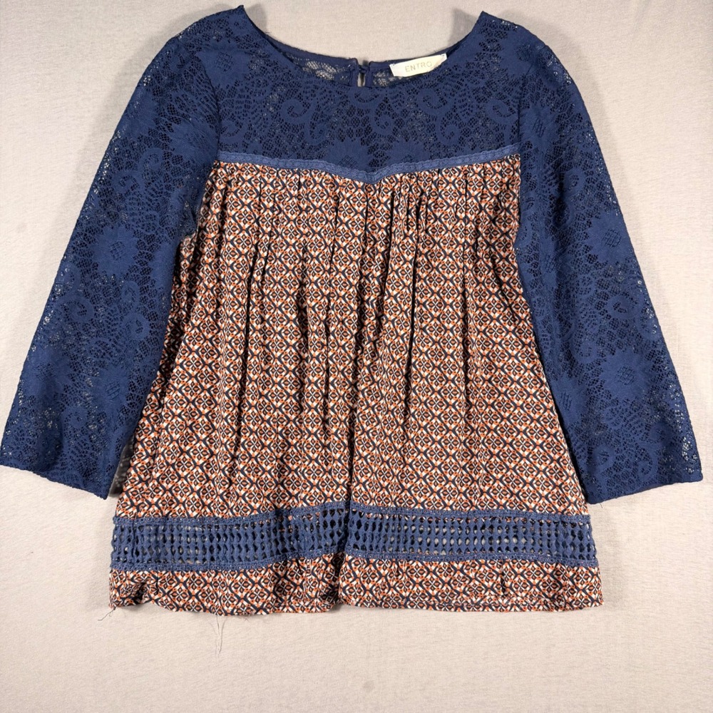 Entro Navy Blue Lace Geo Print Babydoll Top Small Boho 3/4 Slv